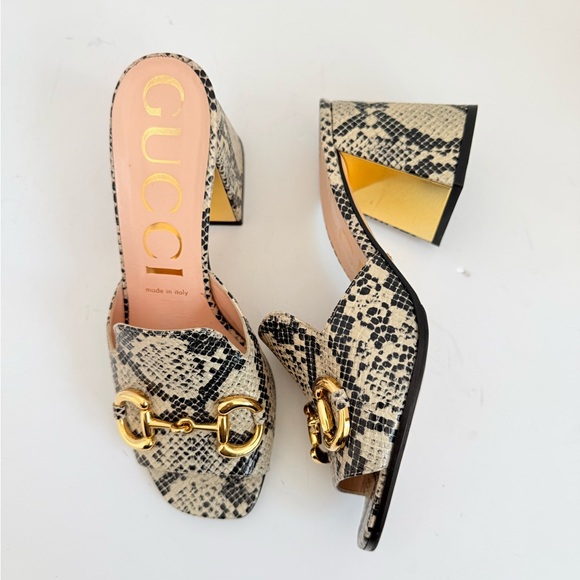 Gucci Neutral Tan Baby Horsebit Python-Print Mules Block Heel Sandals EU 38